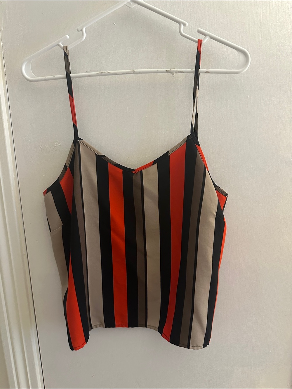 fab'rik Vertical Stripe Spaghetti Strap Cami in Red, Black & Tan